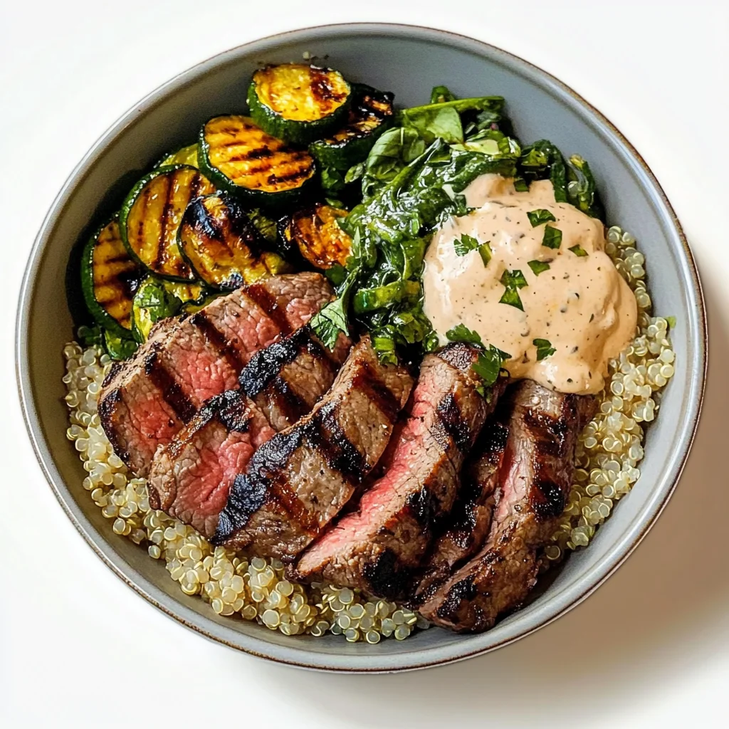 Grilled Steak Bowl with Creamy Sauce & Grilled Zucchini